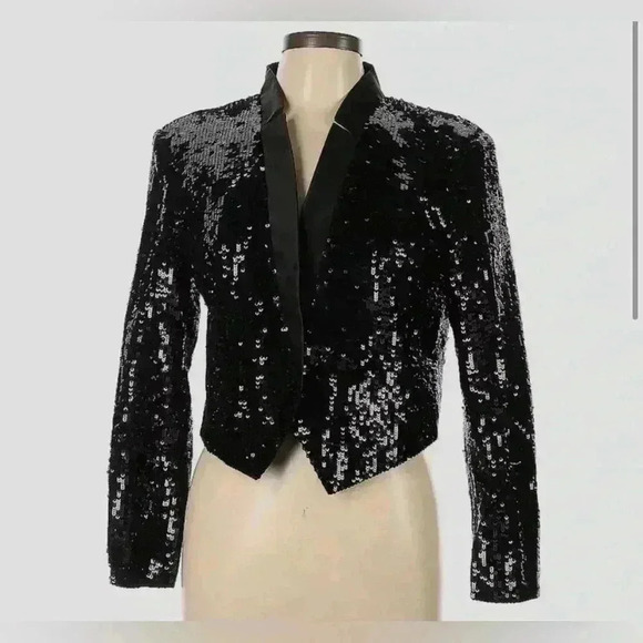 Veronica Beard Sequin Jacket Crop Blazer Delony Black Glitter 12 Notch Open $900 - Picture 8 of 9
